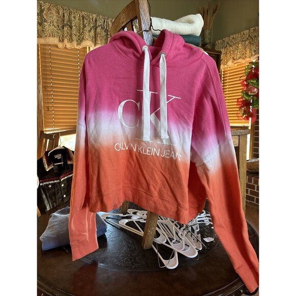 CK Calvin Klein Pink Ombré Orange Women’s Size Large Cropped Hoodie Sweatshirt - Picture 1 of 5